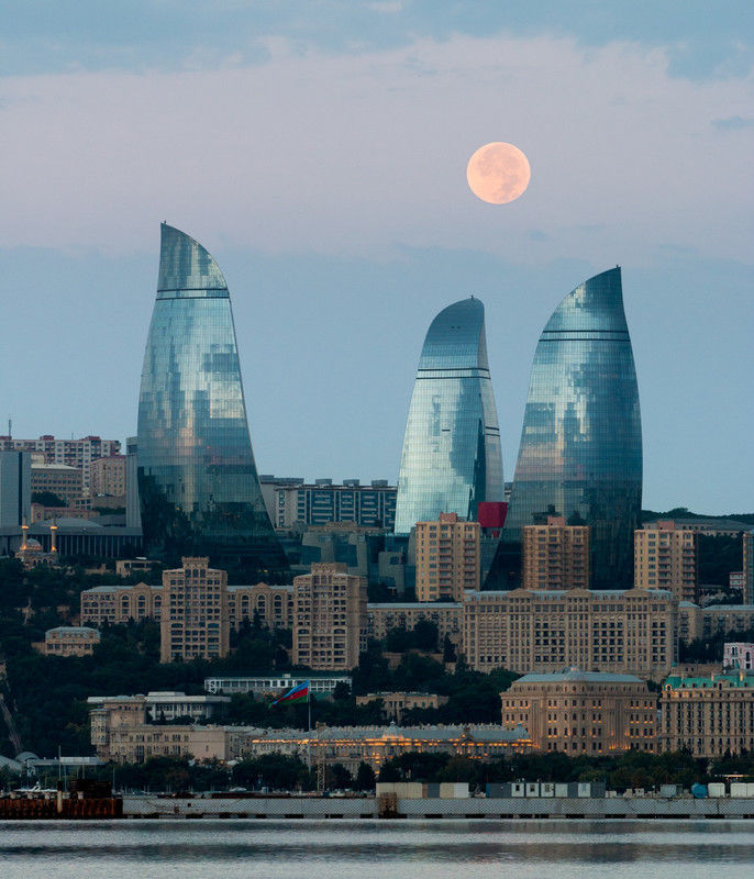 Flame towers moonset - Azerbaijan