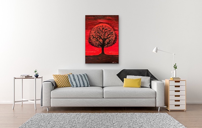 Setting sun behind tree as seen hanging 2 - My paintings