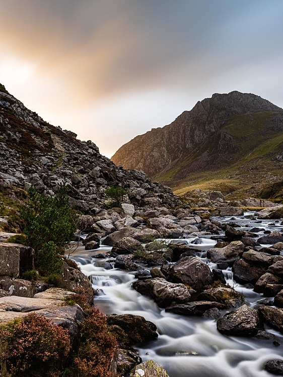 Sunrise at Ogwen falls, featuring Tryfan