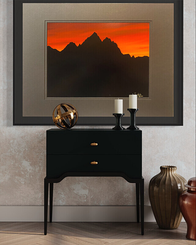 Burning Teton Silhouette - Framed  Matted - Finished Artwork