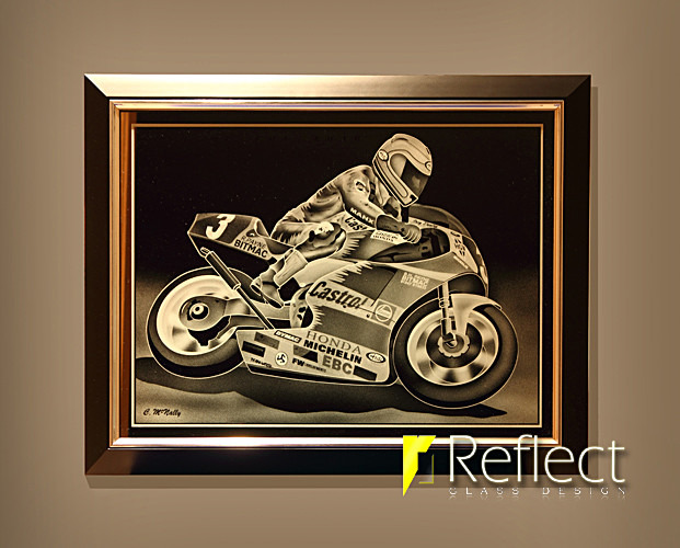 Reflect Glass Deign Joey dunlop Framed mirror - Sendblasted Glass