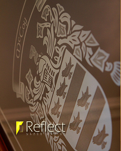 Reflect Glass Design McCoy Coat of arms door set b - Sendblasted Glass
