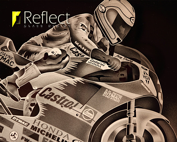 Reflect Glass Deign Joey dunlop Framed mirror close up - Sendblasted Glass