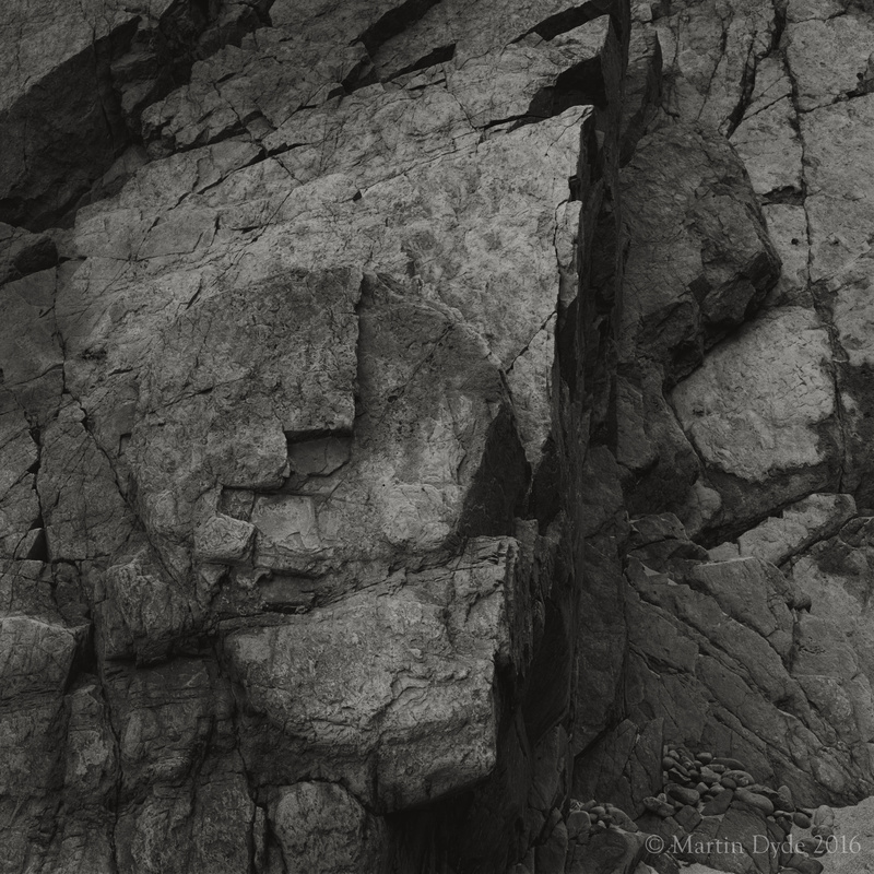 Shapes in cliff rock, Marloes Sands, Pembrokeshire, Wales | The Silver Monochrome: black-and-white film photography by Martin Dyde