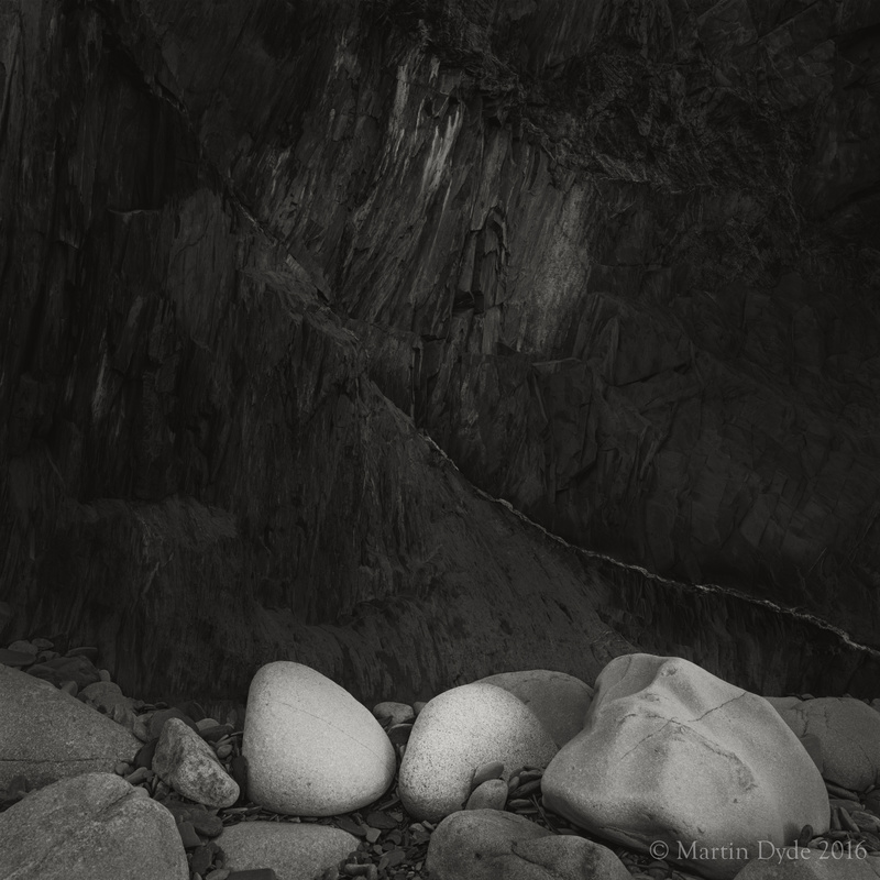 Beach boulders and shale cliff, Traeth Llyfn, Pembrokeshire, Wales | The Silver Monochrome: black-and-white film photography by Martin Dyde