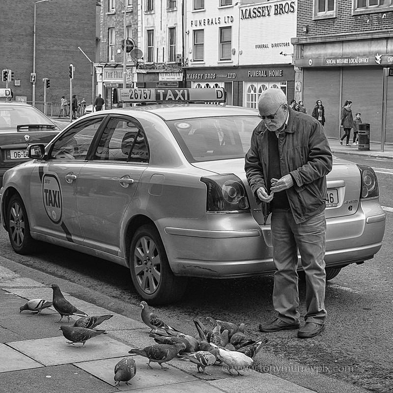 Taxi man feeding the pigeon's - STREET ~ B&W