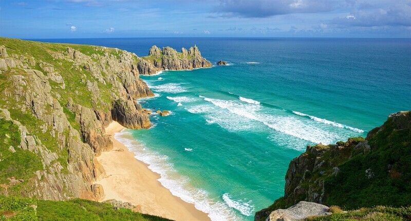 Pendn Vounder Beach and the Logan Rock, Cornwall. - Cornwall