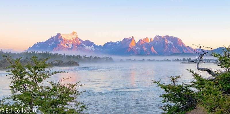 Sunrise over Torres del Paine, Rio Serrano, Patagonia, Chile. - South America and Iceland.