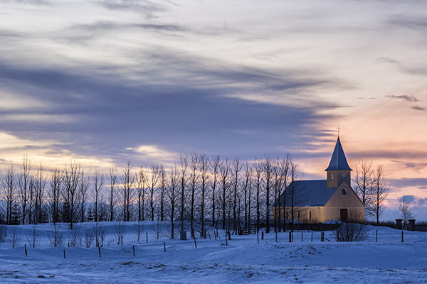 Floodlit Church near Selfoss - Iceland winter