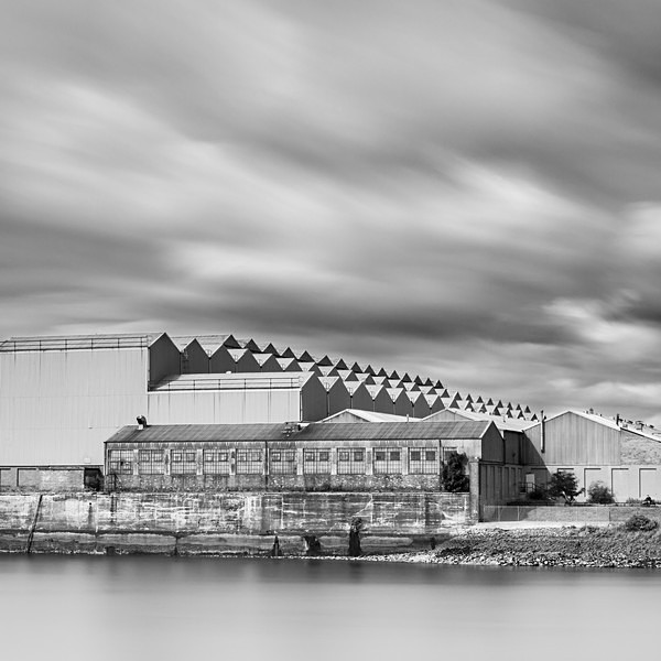 Industrial building on River Clyde at Scotstoun photographed from Braehead