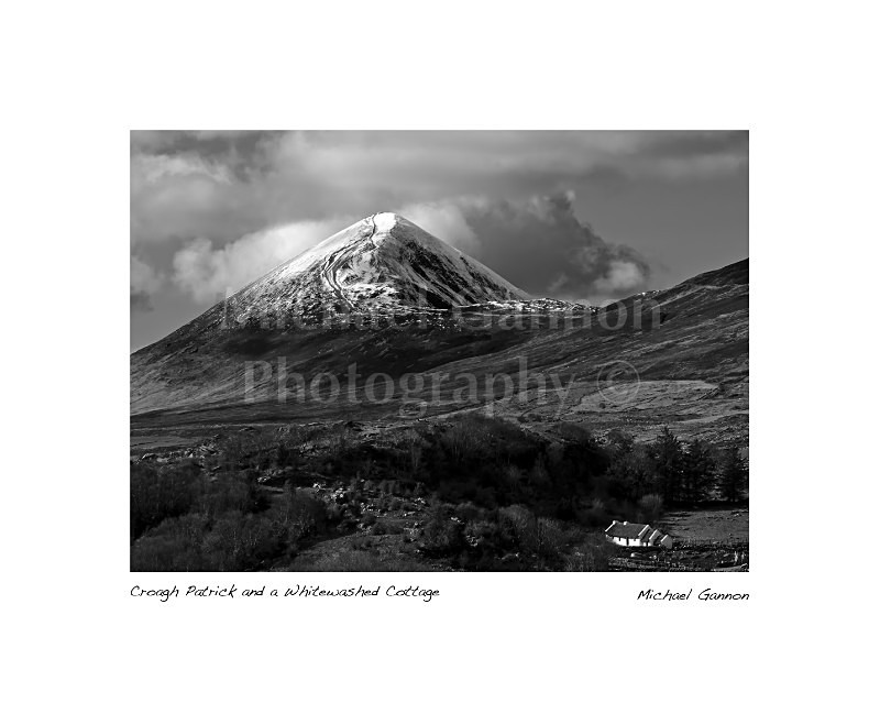 Croagh Patrick and a Whitewashed Cottage - Landscape Black and White