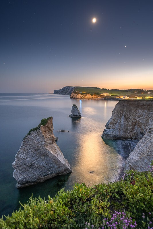 ab670 The Moon and Venus over Freshwater Bay - The Isle of Wight by night