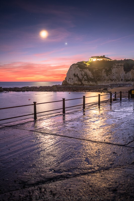 ab589 The Moon and Venus over Freshwater bay - Compton and Freshwater