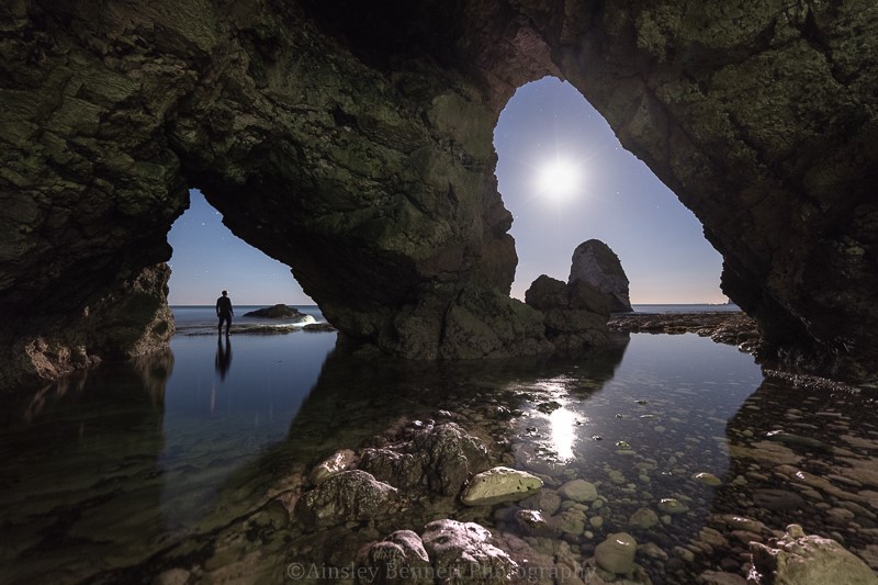 ab520 Midnight Moonlight at Freshwater caves - The Isle of Wight by night