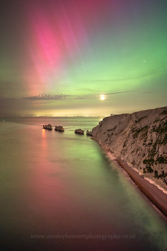 ab671 Red and Green Aurora over the Needles - The Isle of Wight by night