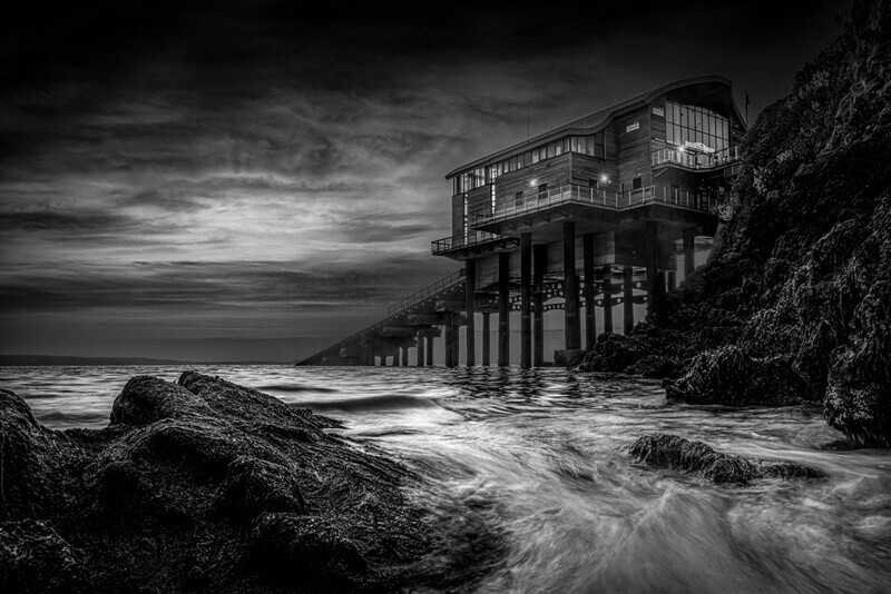Gold-Print-Dave Bolton-tenby lifeboat house at dawn - Mono