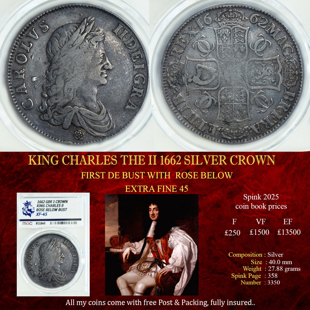 KING CHARLES THE II 1662 SILVER CROWN XF45