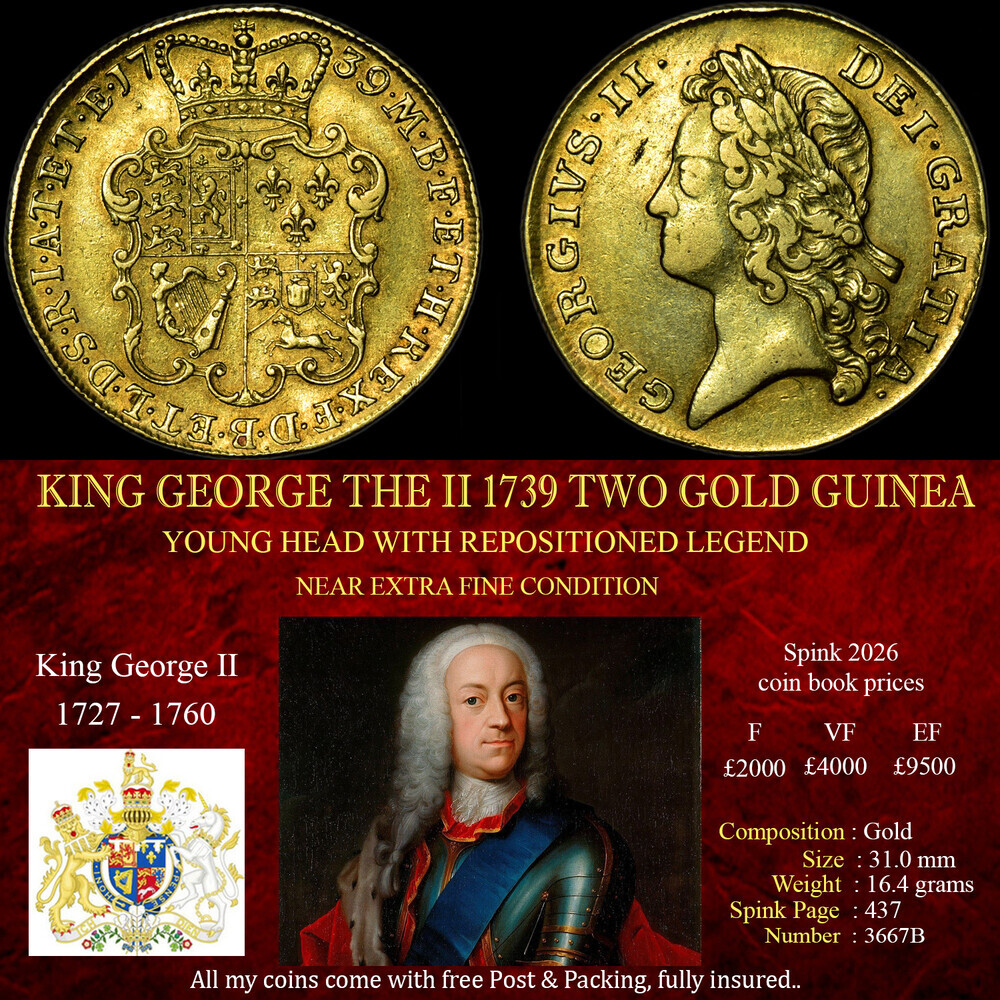 NICE KING GEORGE THE II 1739 TWO GOLD GUINEA