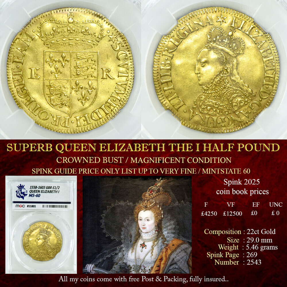 SUPERB QUEEN ELIZABATH THE I HALF POUND MS60