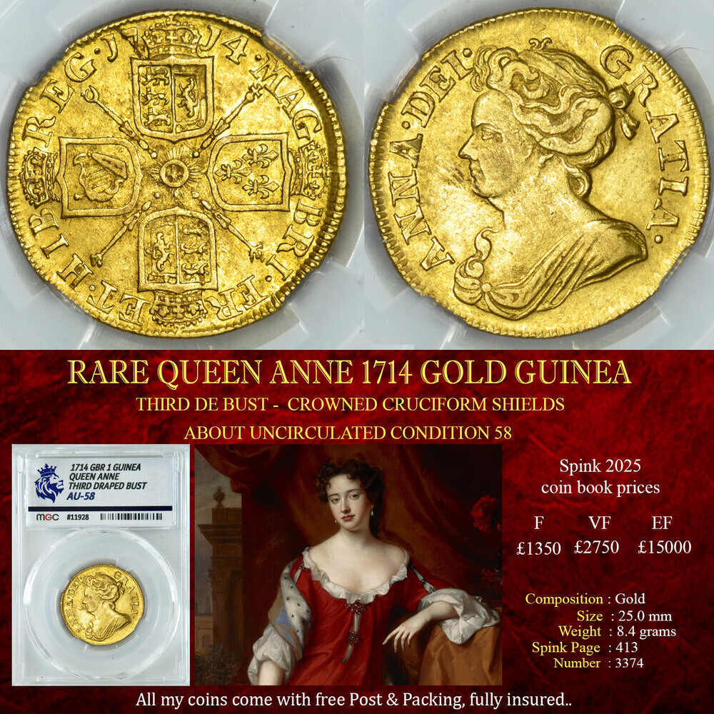 RARE QUEEN ANNE 1714 GOLD GUINEA - AU58