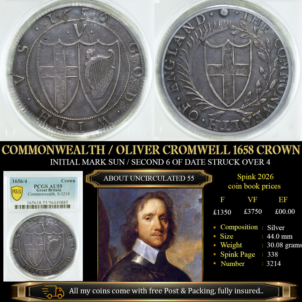 COMMONWEALTH - OLIVER CROMWELL 1658 CROWN PCGS AU55