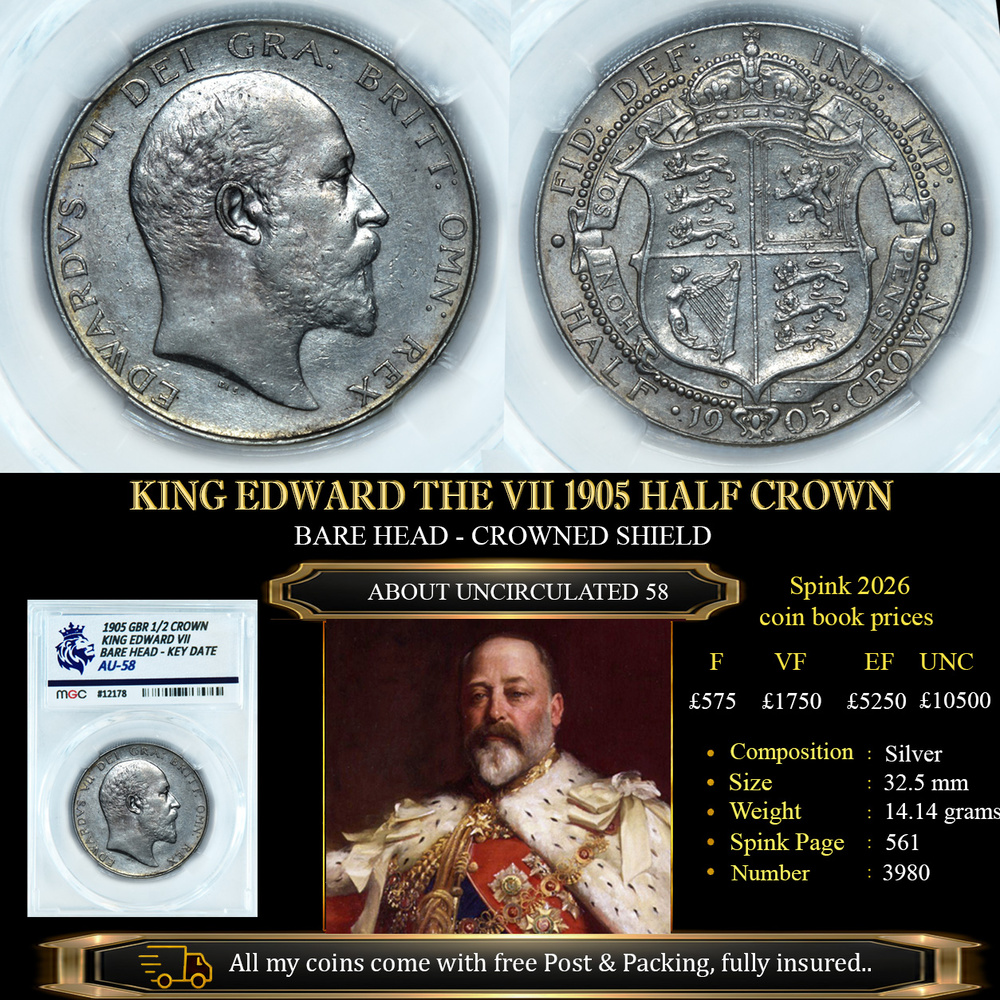 VERY RARE KING EDWARD THE VII 1905 HALF CROWN AU58