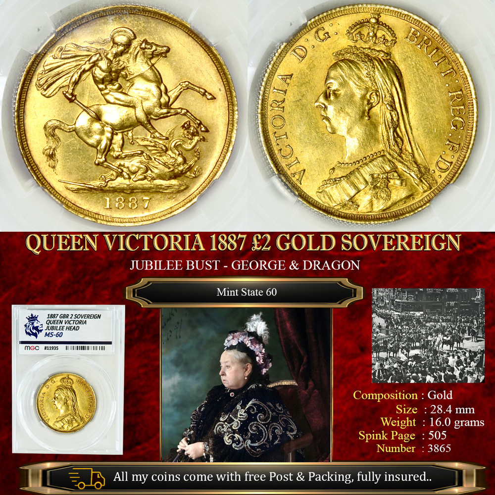QUEEN VICTORIA 1887 £2 GOLD SOVEREIGN MS60