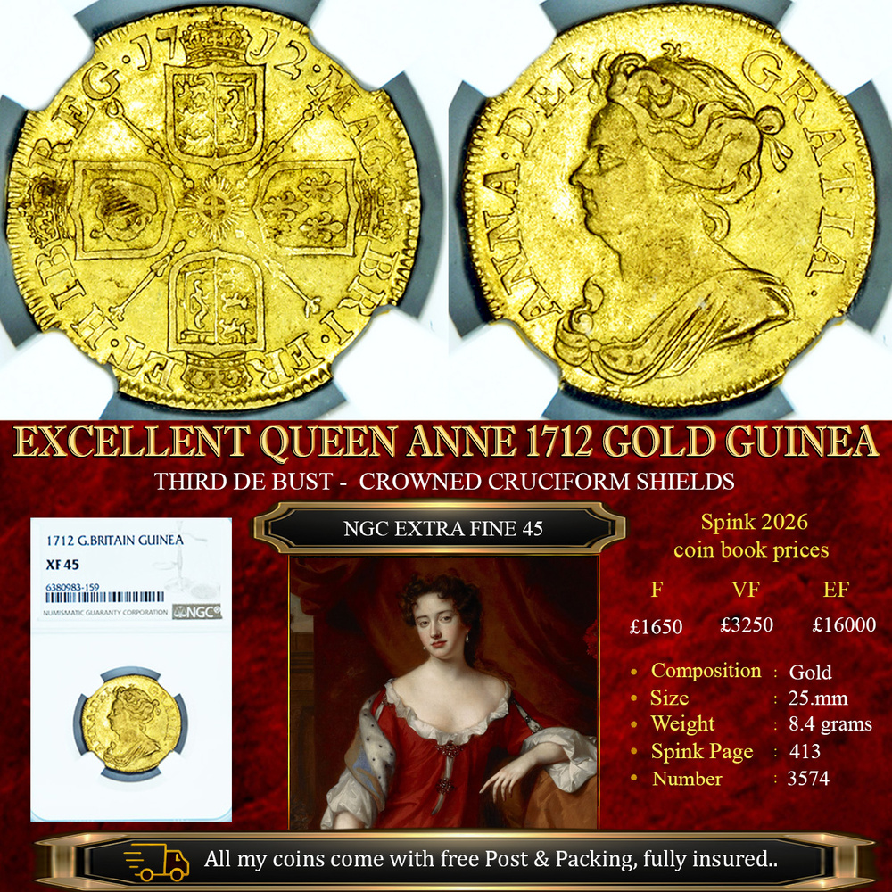 QUEEN ANNE 1712 GOLD GUINEA NGC EF45