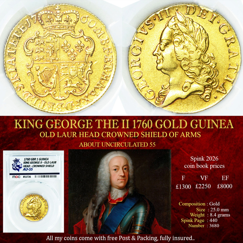 KING GEORGE THE II 1760 GOLD GUINEA AU55