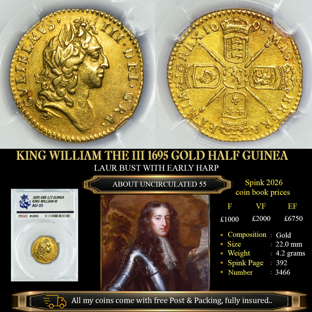 KING WILLIAM THE III 1695 GOLD HALF GUINEA AU55 £3150.00