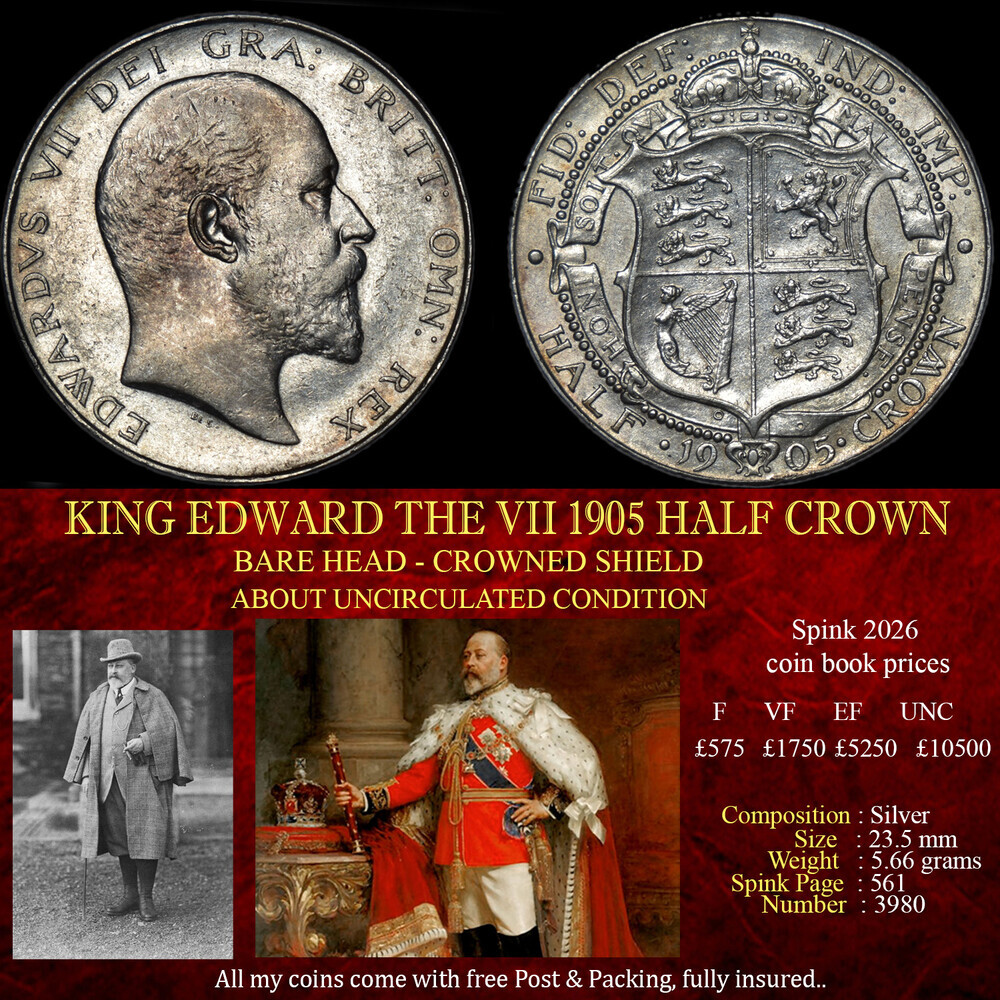 VERY RARE KING EDWARD THE VII 1905 HALF CROWN