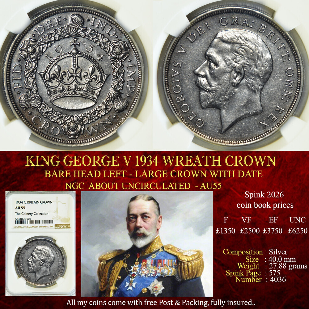 KING GEORGE V 1934 WREATH CROWN NGC AU55
