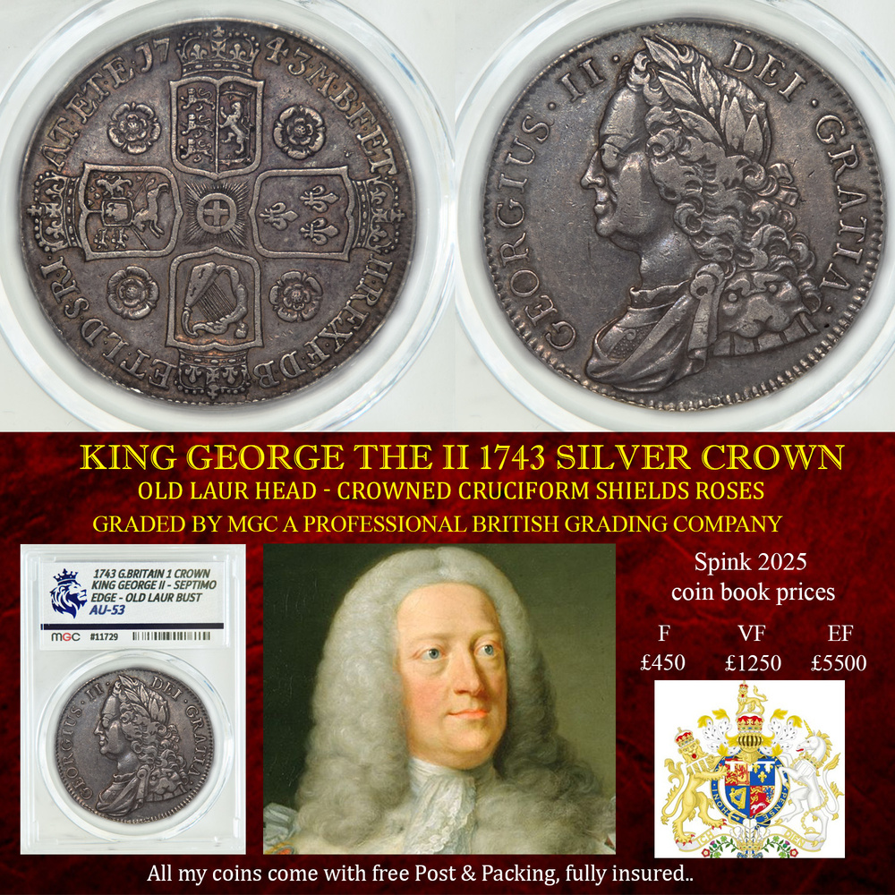 KING GEORGE THE II 1743 SILVER CROWN AU53