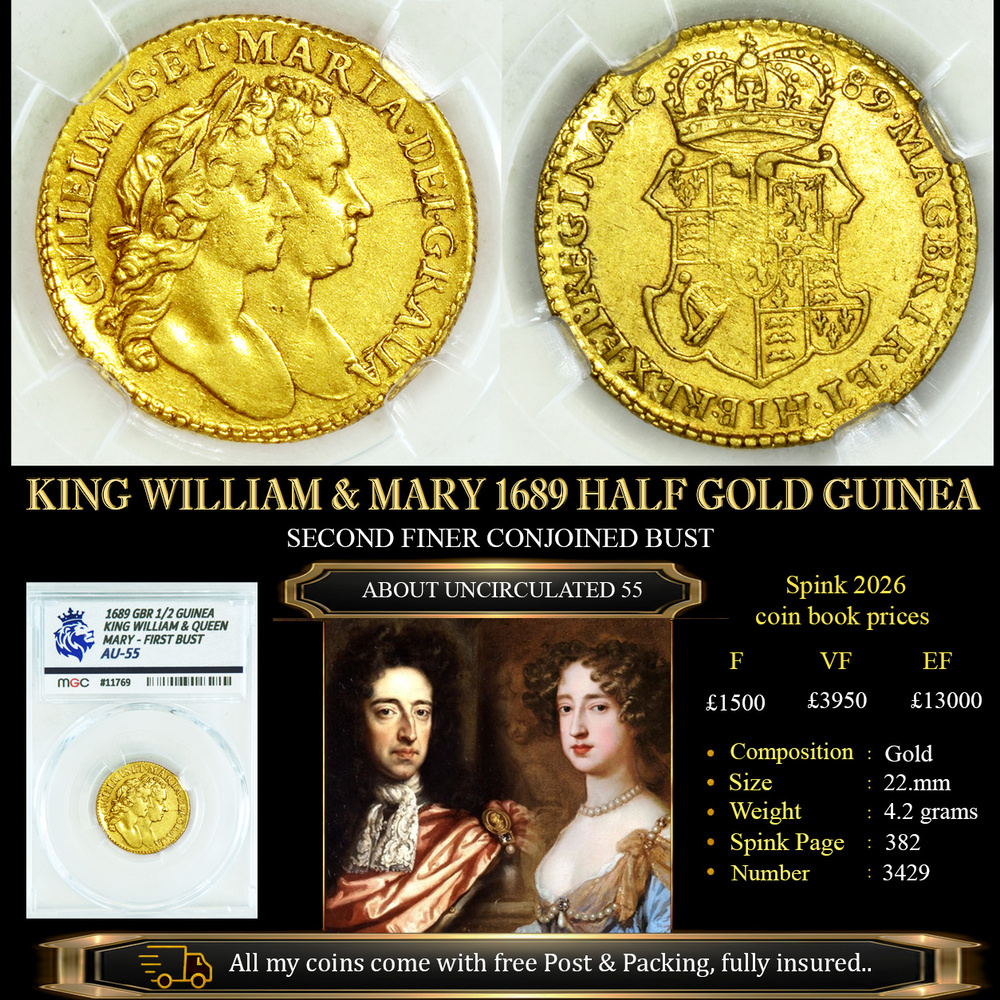 KING WILLIAM MARY 1689 HALF GOLD GUINEA AU55