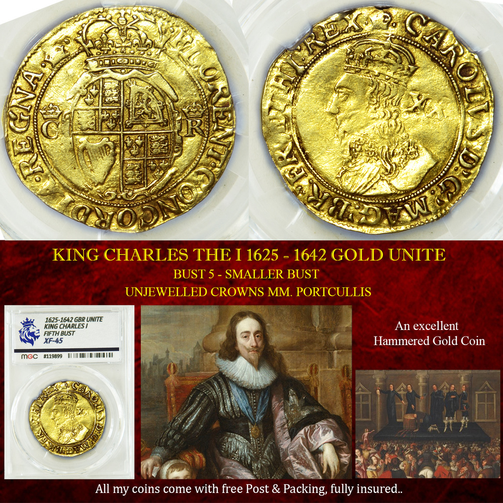 KING CHARLES THE I 1625 - 1642 GOLD UNITE - XF45