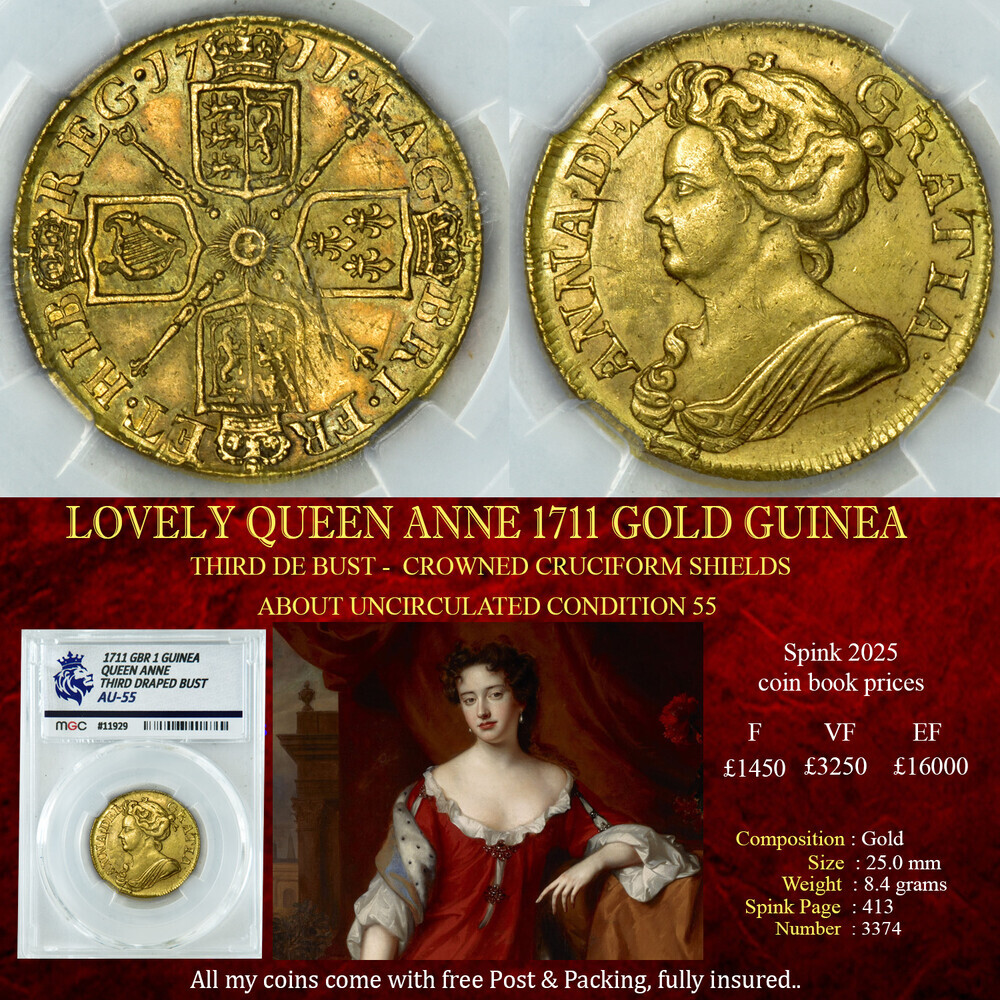 LOVELY QUEEN ANNE 1711 GOLD GUINEA - AU55