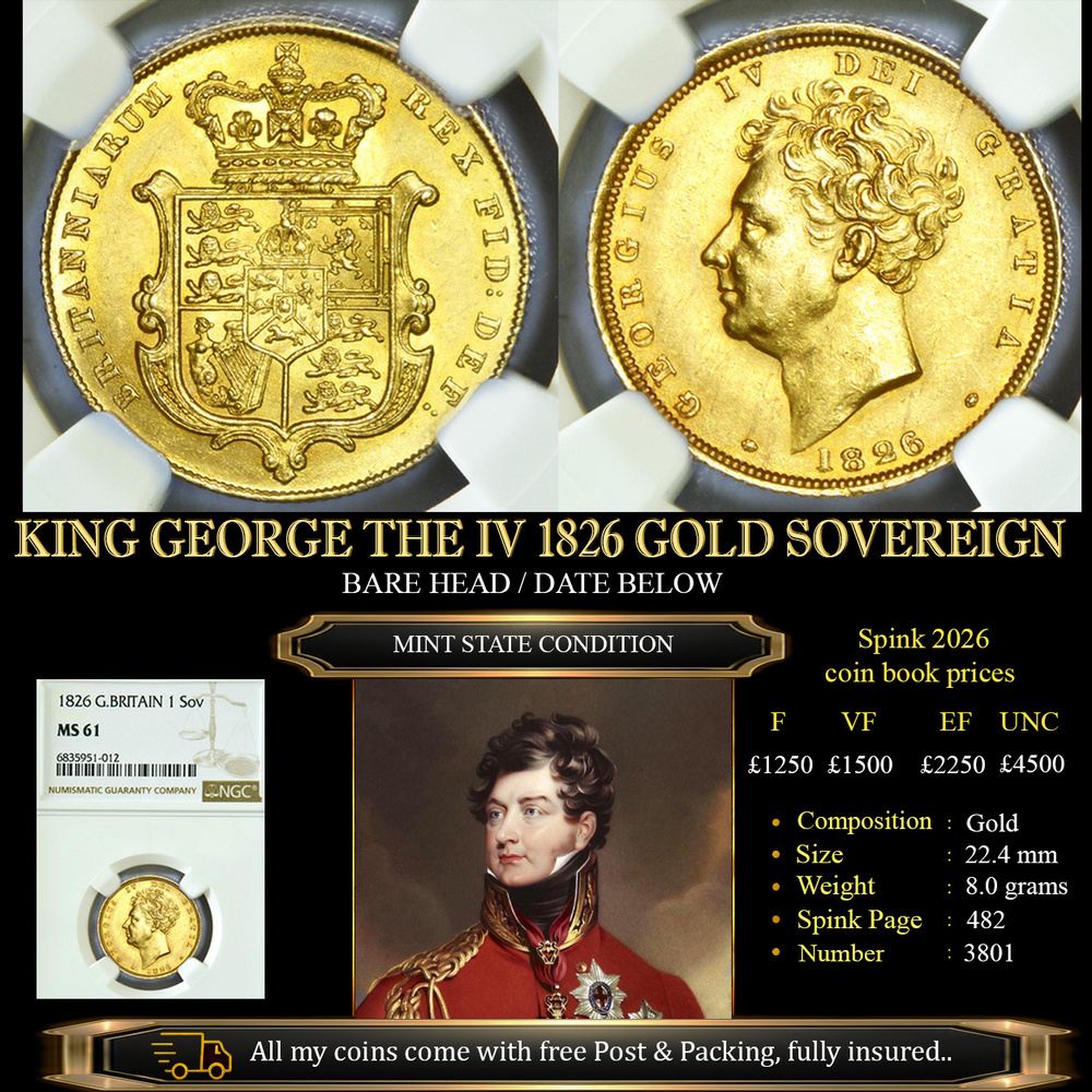 KING GEORGE THE IIII 1826 GOLD SOVEREIGN MS61