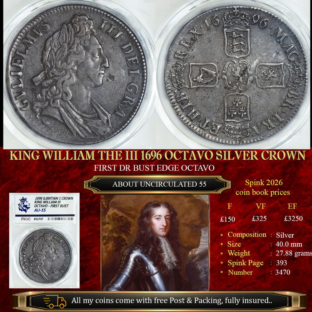 KING CHARLES THE II 1696 SILVER CROWN AU55