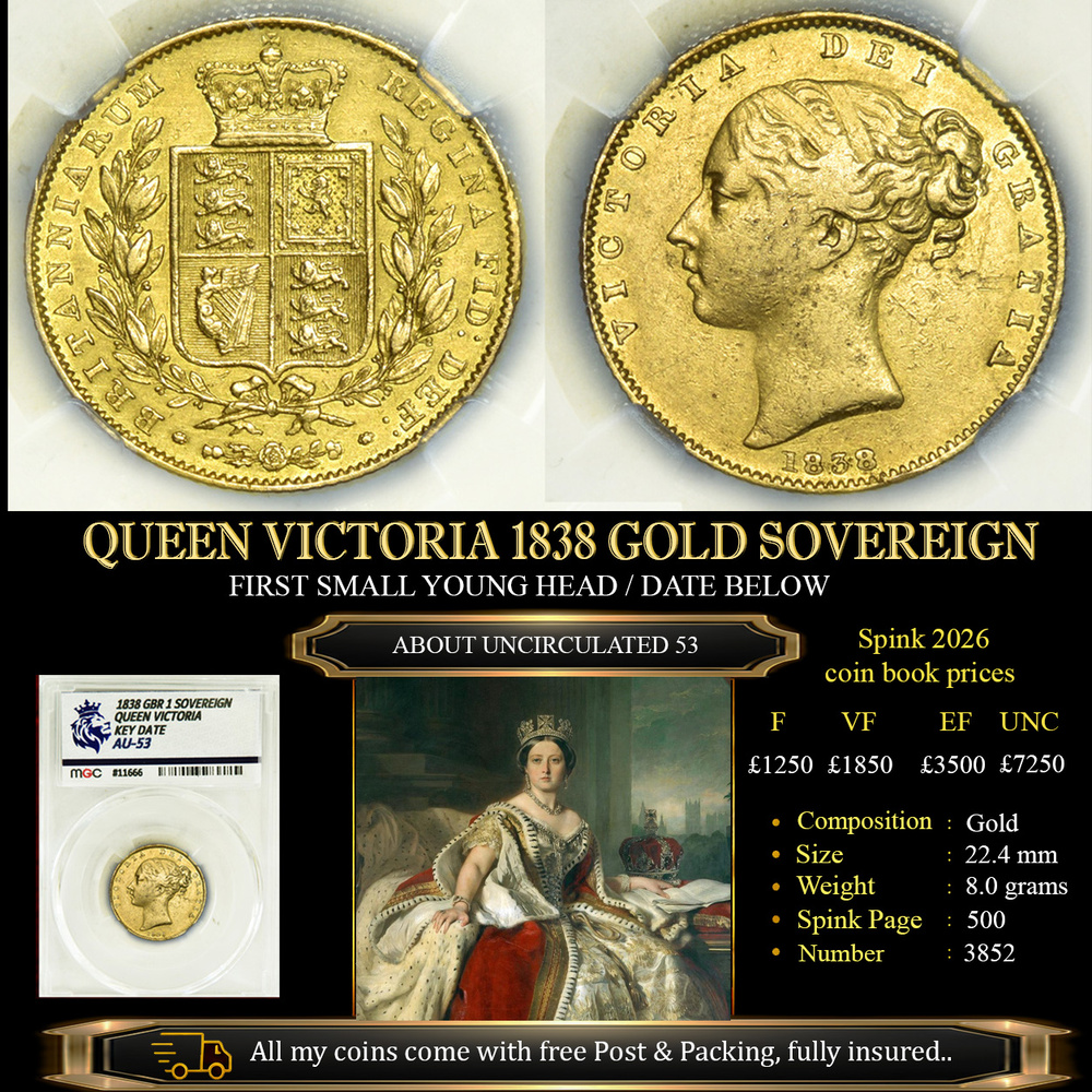 NICE QUEEN VICTORIA 1838 GOLD SOVEREIGN AU53