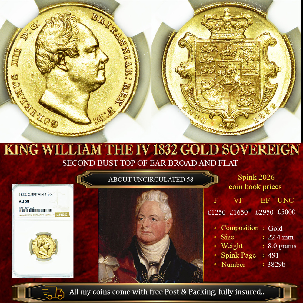 KING WILLIAM THE IV 1832 GOLD SOVEREIGN AU58