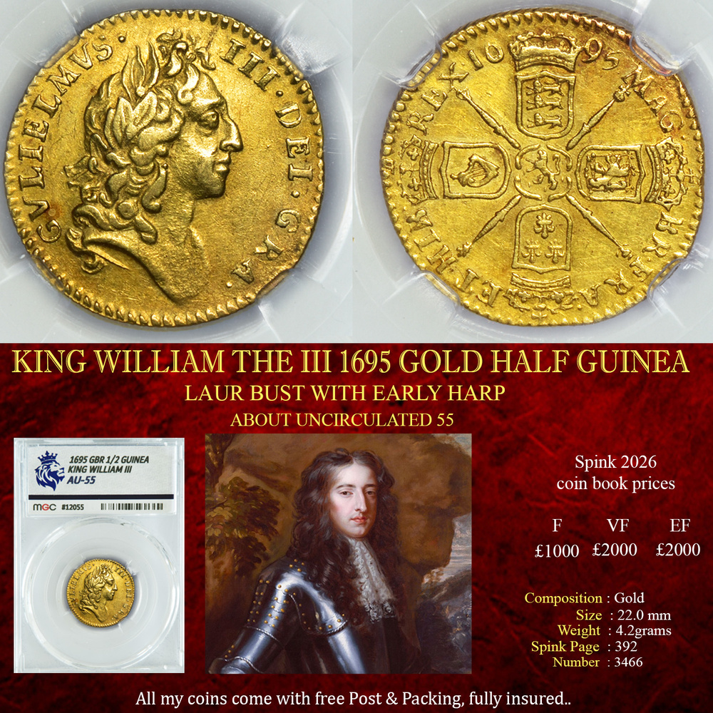 KING WILLIAM THE III 1695 GOLD HALF GUINEA AU55