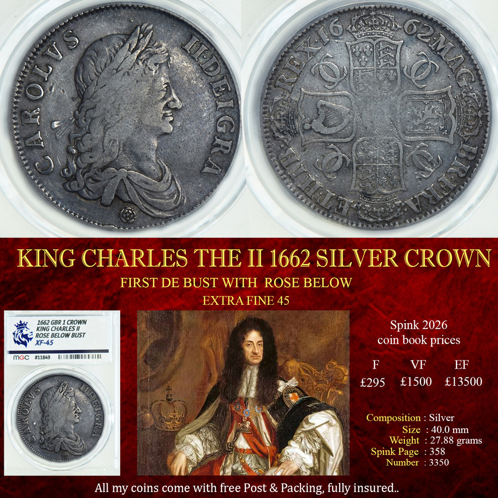KING CHARLES THE II 1662 SILVER CROWN XF45