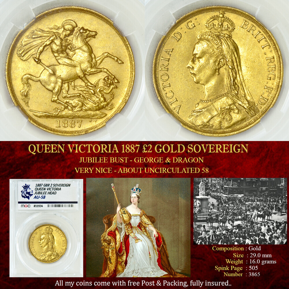 QUEEN VICTORIA 1887 £2 GOLD SOVEREIGN AU58