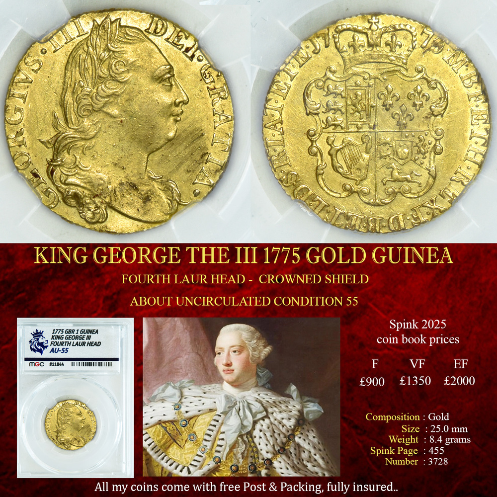 KING GEORGE THE III 1775 GOLD GUINEA - AU55