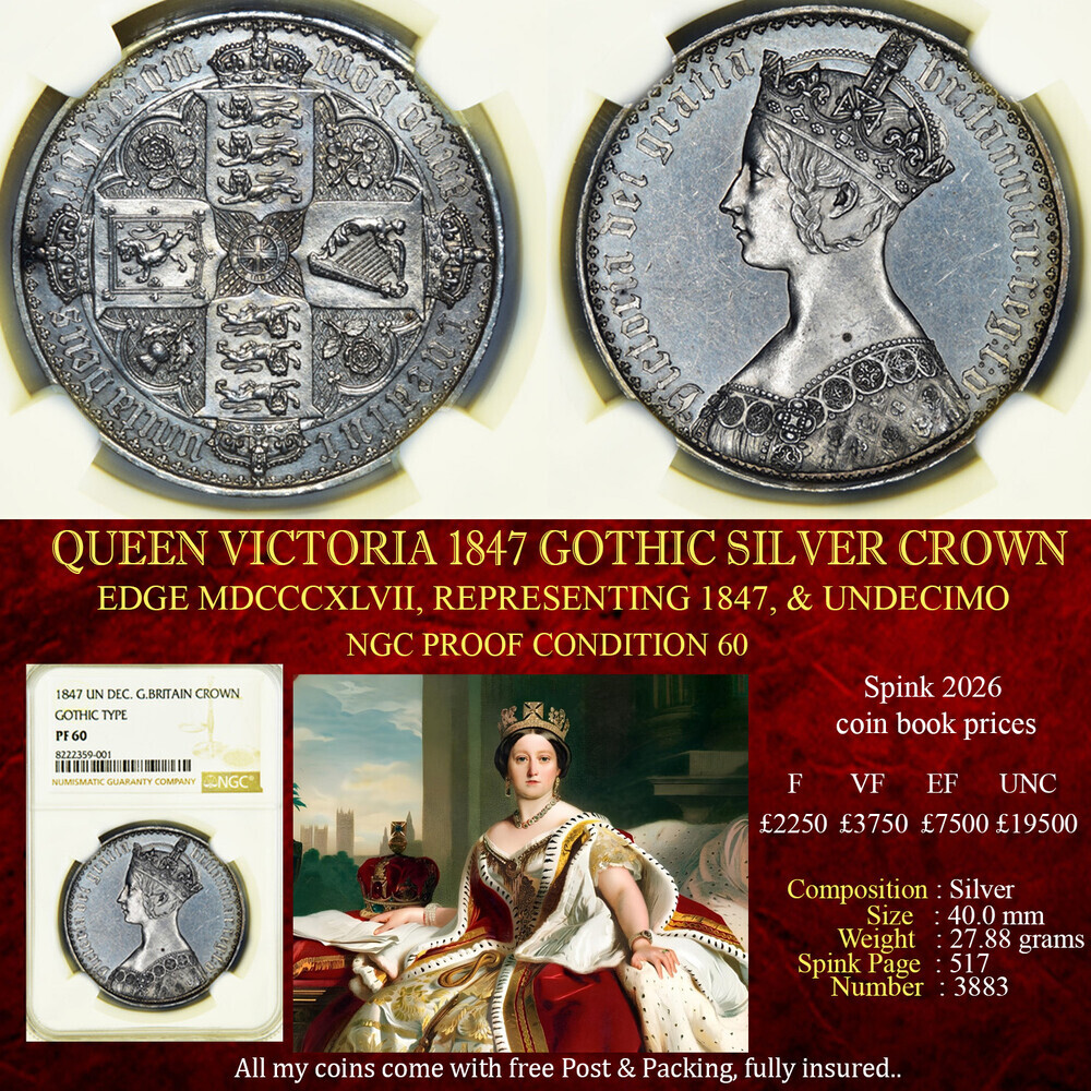 QUEEN VICTORIA 1847 GOTHIC SILVER CROWN NGC PF60