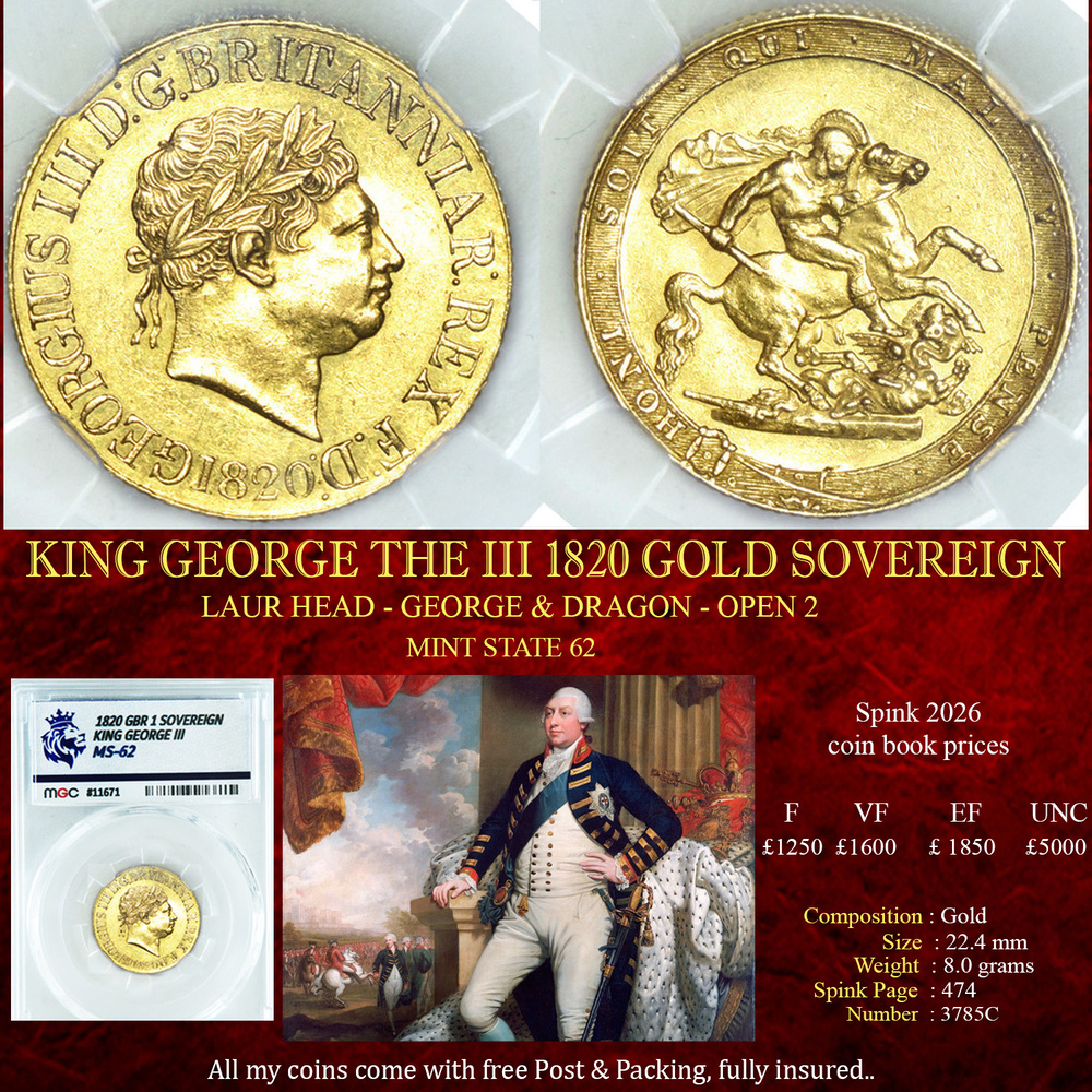 EXCELLENT GEORGE THE III 1820 GOLD SOVEREIGN MS62