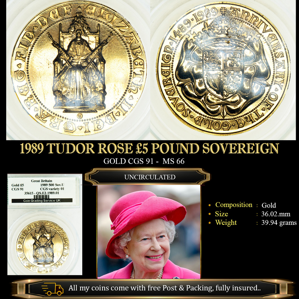 1989 TUDOR ROSE £5 GOLD SOVEREIGN MS66
