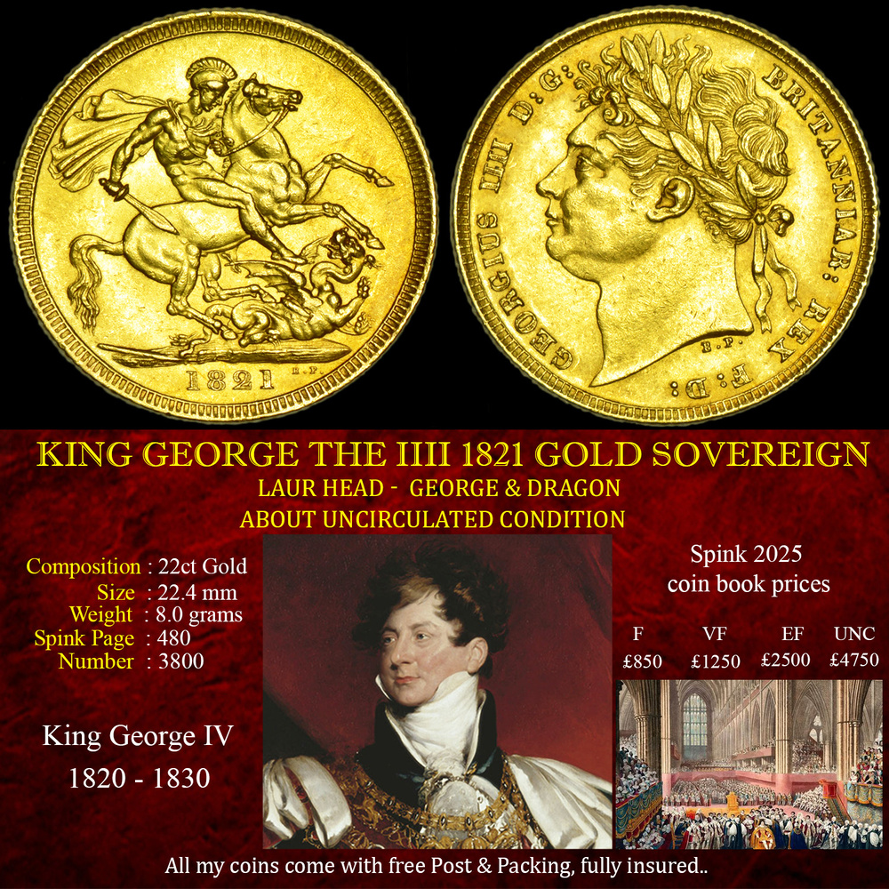 KING GEORGE THE IIII 1821 GOLD SOVEREIGN ABOUT UNC
