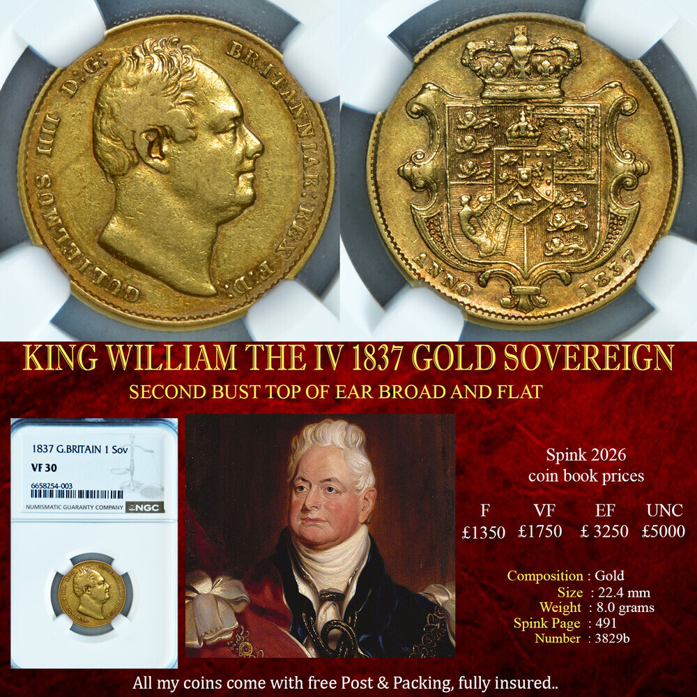 KING WILLIAM THE IV 1837 GOLD SOVEREIGN VF30