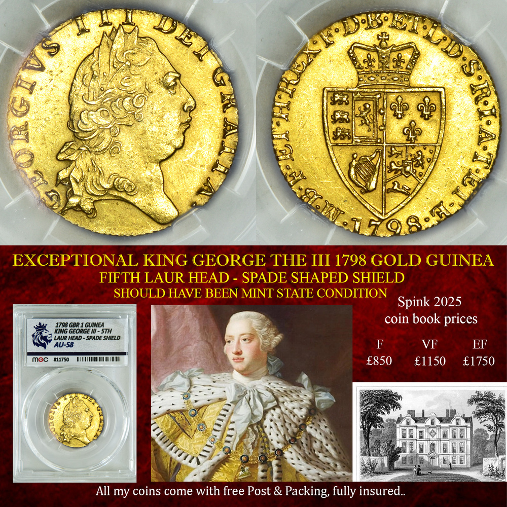 EXCEPTIONAL KING GEORGE THE III 1798 GOLD GUINEA - AU58